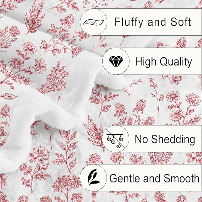 Floral Fuzzy Blanket Red Floral Throw Blanket, Botanical Flowers Blankets, Soft, Flannel, Warm, Boho Flowers Bed Blankets All Season for Couch Bedroom Living Room 60X70 Inch