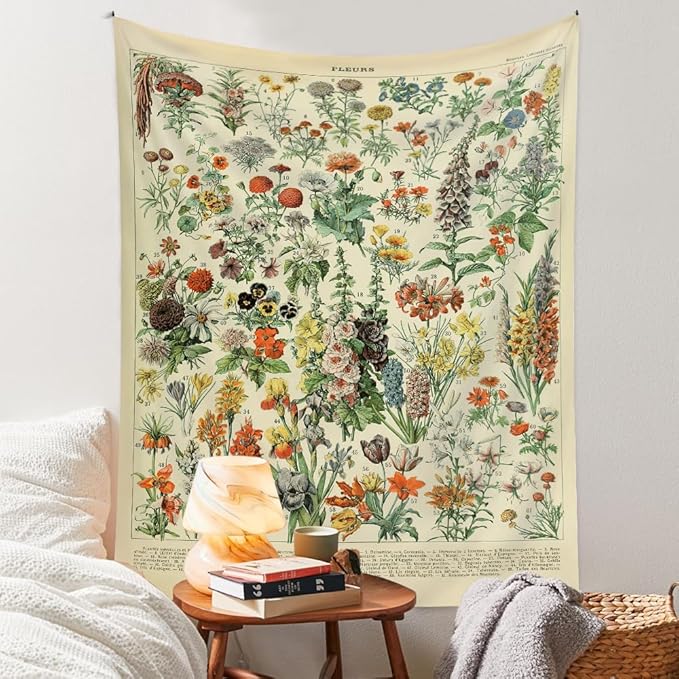 Vintage Flowers Tapestry 48”x36”, Long Vertical Wall Hanging Reference Illustrative Botanical Tapestries for Bedroom Aesthetic Floral Tapistry Botanical Plants Tapestry Wall Hanging Cute Bedroom Decor