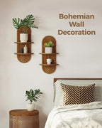 Bamworld Boho Wall Decor Brown Plant Wall Shelf, Mid Century Modern Decor Hanging Plant Shelf, 2-Tier Wooden Floating Shelves for Home, Bathroom Bedroom Living Room, Office Planter Decoration 2 pcs