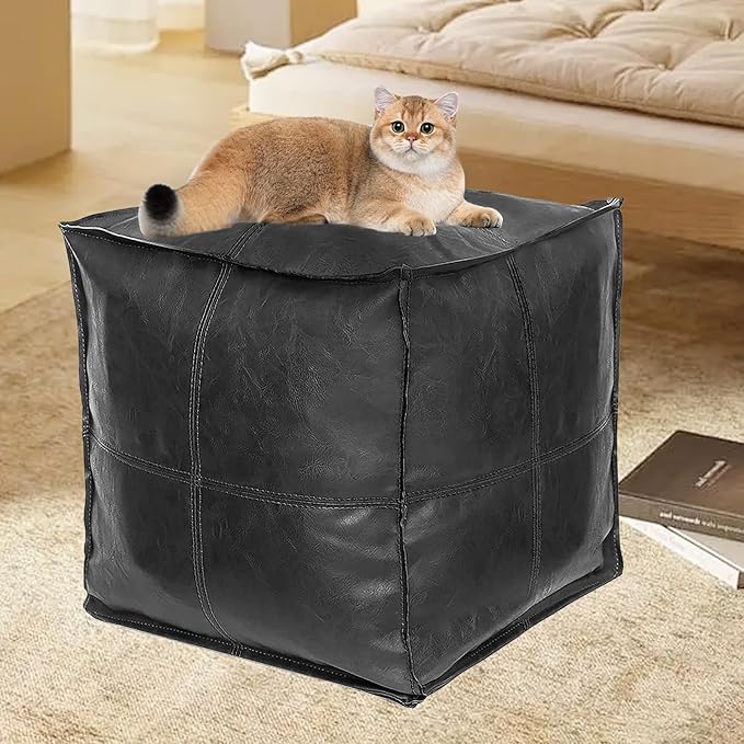 Louis Donné Square Unstuffed Pouf Ottoman Cover - Waterproof Faux Leather Footstool for Living Room, Modern Black Floor Cushion with Storage, Easy Clean, 18 Inch (Cover Only)
