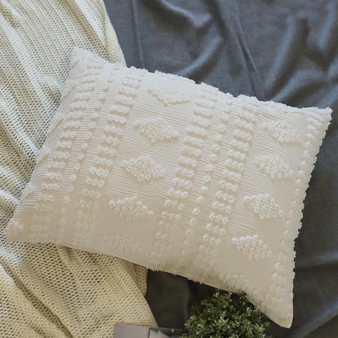 Tufted Pillow Shams King Ivory Set of 2 Boho Pillowcases Shabby Chic Decorative Textured Poms Cream Diamonds Moroccan Embroidery Farmhouse 20x36