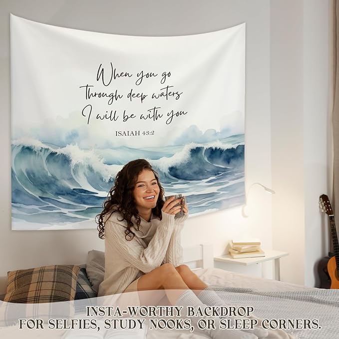 STHTTSW Christian Ocean Tapestry, When You Go Through Deep Waters Tapestries Wall Blanket, Religious Scripture Wall Hanging Decor for Church Prayer Room Home Office, 50x60 Inch