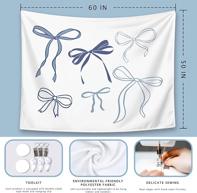 LIANGW Coquette Blue Bow Tapestry Wall Hanging, Coquette Preppy Room Decor, Girly Aesthetic Wall Blanket Decor for Girls Room College Dorm Apartment, 50x60 Inch