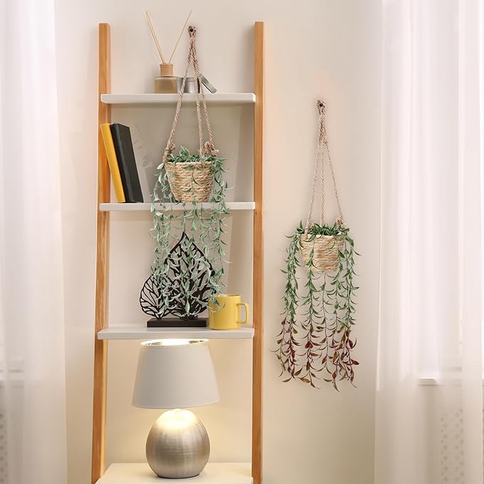 Giegxin Spring Mini Hanging Artificial Plant with Woven Basket Boho Fake Plants Ivy Faux Vines Eucalyptus Leaf for Indoor Home Wall Shelf Decor(3 Set,Green,Hanging Plant Basket)