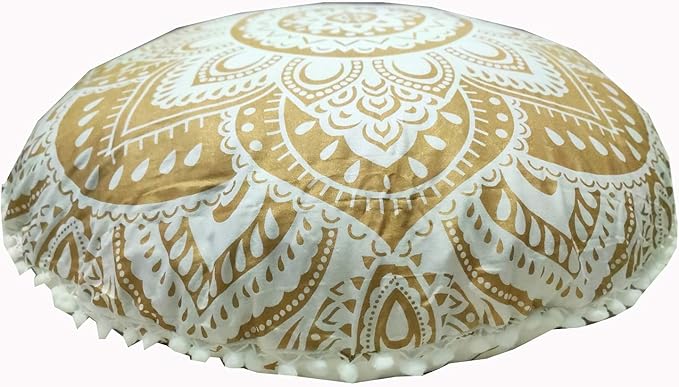 Large Round seat Floor Cushion Chair Ottoman Cover Pouf Pillow Meditation Floor Cushions for Adults Seating pouffe Ottoman Throw Covers Craft Room Furniture for Sitting Cover Gold White 32 inch Round