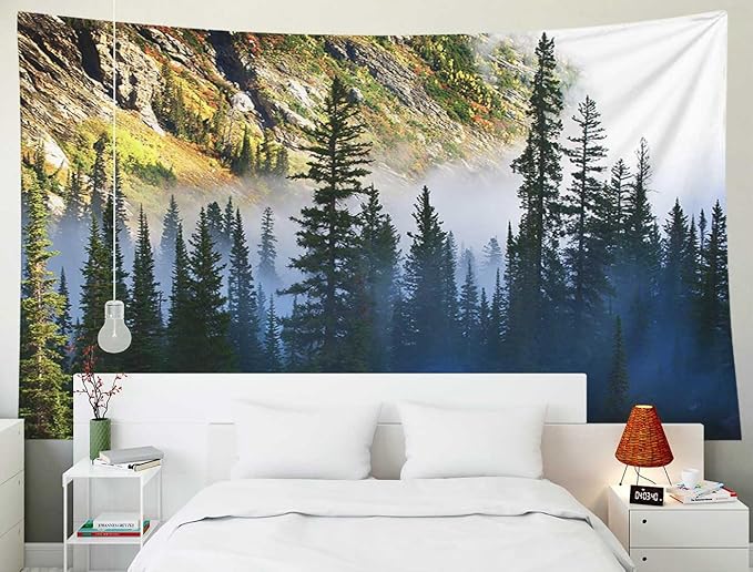 EMMTEEY Landscape Wall Art - Fog and Pine Tree on Rugged Mountainside - 60x40 Hanging Tapestry for Families