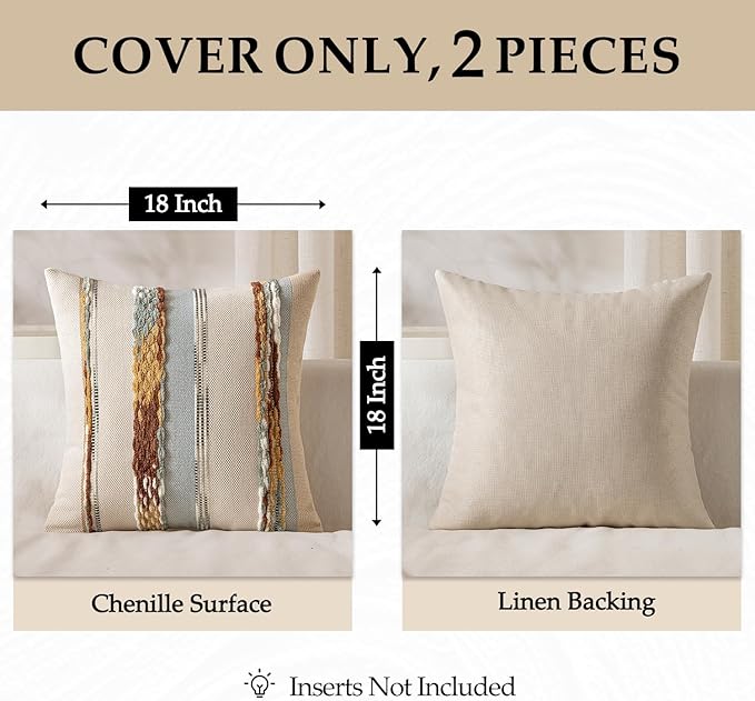 ANRODUO Pack of 2 Boho Decorative Throw Pillow Covers 26x26 Farmhouse Cushion Case Striped Chenille Pillow Cases Square Pillow Covers Accent Neutral Pillowcase for Sofa Couch Bed, Blue-Earth Tones