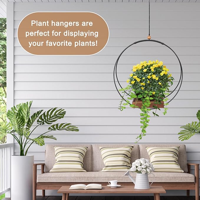 Hanging Plant Holder Indoor, Modern Boho Hanging Planter with Sturdy Wood Base, Unique Ceiling Plant Hangers for Indoor Plants, Ceiling Window Wall Home Decor (Black, Fit 3-5.5inch Pot)