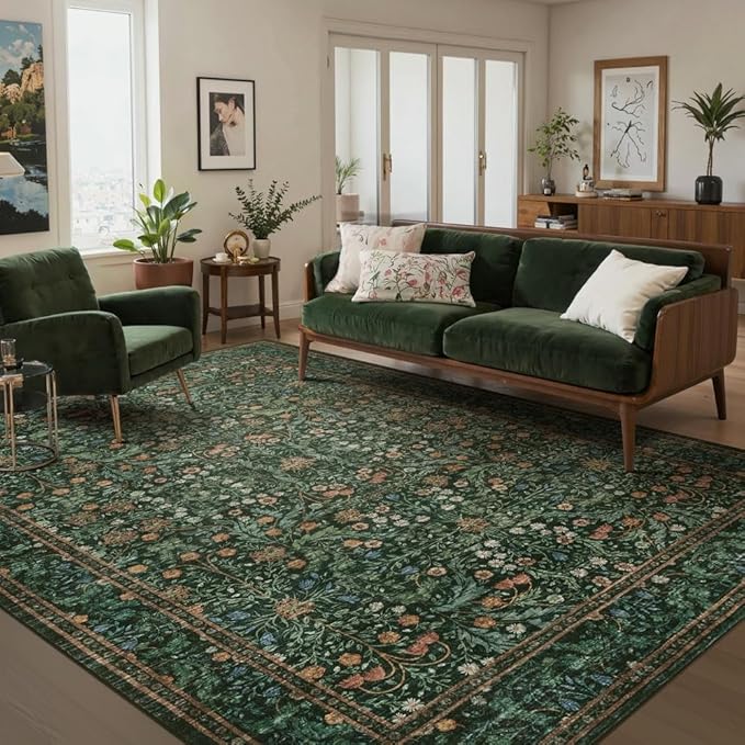 6x9 Area Rugs for Living Room Bedroom, Large Washable Rug, Green Vintage Floral Boho Rug, Non Slip & Low Pile Faux Wool Thin Carpet for Indoor Dining Room and Kids Room(Green 6x9ft)