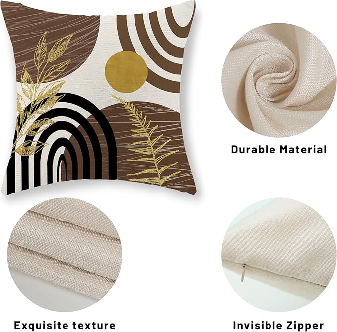 Boho Brown Pillow Covers 18x18 Set of 2 Brown Gold Leaf Tropical Decor Mid Century Throw Pillows Outdoor Bohemian Decorative Pillowcase Farmhouse Abstract Modern Cushion Case for Couch Sofa