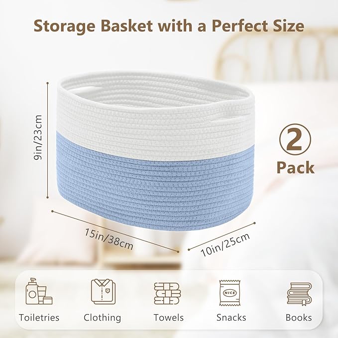 Cotton Rope Storage Basket, 15x10x9 Inches, Woven Basket for Shelves, Clothes, Towels, Books, and Laundry, White Blue (2 Pack)