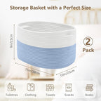 Cotton Rope Storage Basket, 15x10x9 Inches, Woven Basket for Shelves, Clothes, Towels, Books, and Laundry, White Blue (2 Pack)