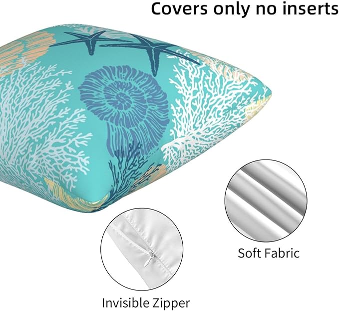 Coastal Beach Pillow Covers 18x18 Set of 2, Starfish Coral Seahorse Throw Pillow Covers Outdoor Decorative Pillow Case for Couch Bed Sofa Cushion Home Decor