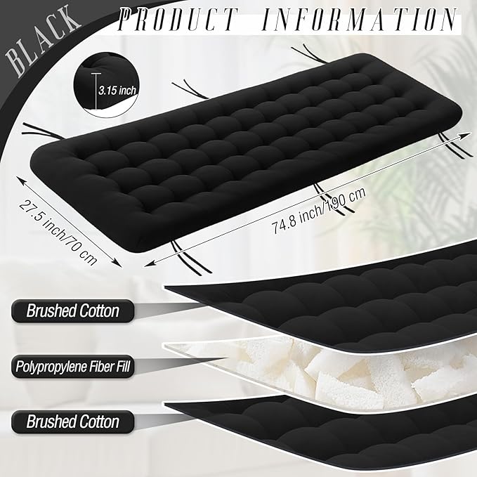 Long Floor Cushion Large Floor Cushion with Brushed Cotton 74.8 x 27.5 x 3.15 in Jumbo Lounger Pillow for Outdoor Indoor Bay Window Meditation Yoga Reading Sleeping(1 Pc,Black)