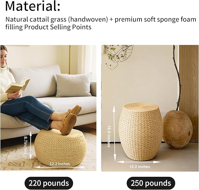 Natural Straw Round Pouf Ottoman, Handwoven Boho Footstool with Wood Frame for Living Room Bedroom Patio Garden (12.2"x12.2"x8.7")
