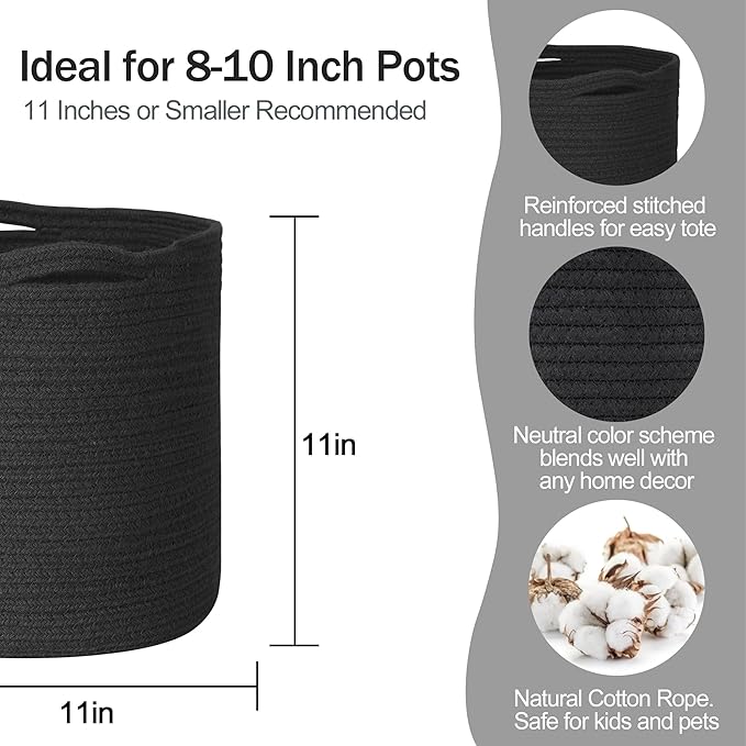Cotton Rope Plant Basket, Woven Basket Planter for 10 inch Pot, Round Indoor Tree Pot Cover, Small Storage Bin Organizer, Modern Bins for Plants and Home Decor, 11”X11”, Black