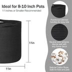 Cotton Rope Plant Basket, Woven Basket Planter for 10 inch Pot, Round Indoor Tree Pot Cover, Small Storage Bin Organizer, Modern Bins for Plants and Home Decor, 11”X11”, Black