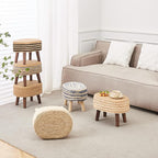 Cpintltr Round Ottoman Natural Seagrass Footstool Hand Weave Water Hyacinth Poufs Eco Friendly Sofa Foot Stool Soft Step Stool Padded Foot Rest with Pine Legs for Living Room (Black and Solid)