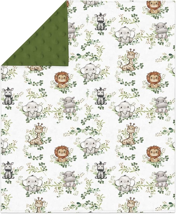 Cute Jungle Safari Animals Green Leaves Baby Blankets for Girl Boy Lion Giraffe Elephant Zebra Soft Mink Dotted Backing Double Layer Swaddle Blanket Bed Throw for Newborn Infant Toddler Nursery 30x40