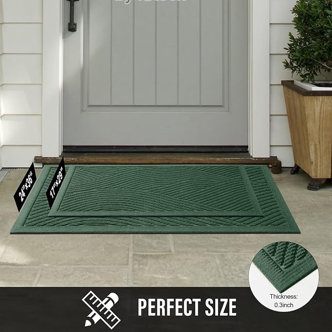 Sturdy Front Door Mat, Absorbent Muddy Dirt Resist Welcome Door Mats Outdoor Indoor, Stain and Fade Resistant, Non-Slip Backing Entry Mat Low Profile Doormat for Entryway, 36×24, Green