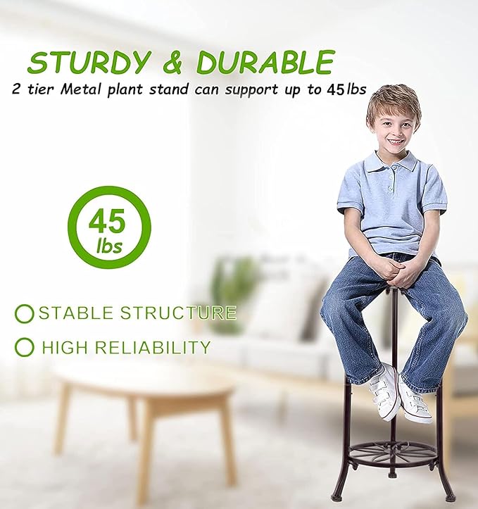 THKFUL 2 Pack Metal Plant Stand Indoor Outdoor - Heavy Duty Rustproof Tall Potted Plant Stands Modern Flower Pot Stand,Corner Flower Plants Holder Rack for Multiple Plant Patio Garden 20.3"(Brown)