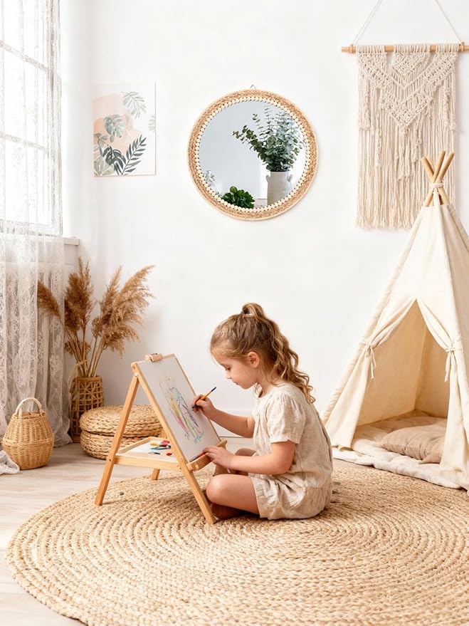 Boho Round Hanging Rattan Circle Nursery Mirror, Decorative Wall Decor for Farmhouse Bathroom Bedroom Living Room, Kids Girls Room, Foyer Home Wall Decor (20 inch)