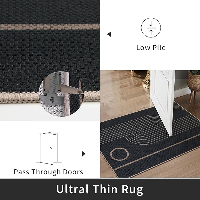 Tangsoo Geometric Line 3x5 Easy Jute Rug for Living Room,Washable Ultra Thin Area Rug Non-Slip Black Outdoor Mat,Boho Rainbow Front Door Carpet for Front Porch Entryway Bedroom Patio