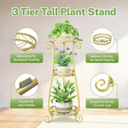 iDavosic.ly 3 Tier Metal Plant Stand Indoor Outdoor, Wrought Iron Corner Tall Flower Pot Holder Shelf, 34 Inch Vertical Heavy Duty Display Rack for Patio Porch Living Room Garden, Gold