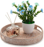 Round Rattan Serving Tray Decorative Woven Ottoman Trays with Handles for Coffee Table White (Small 11.8 inch x 2 inch)