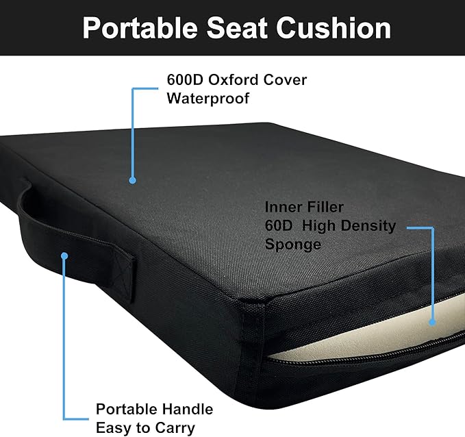 Portable Stadium Seat Cushions with Handle, 2 Inches Thick, Waterproof Oxford Fabric, Zipper Design, Set of 2 (Black)