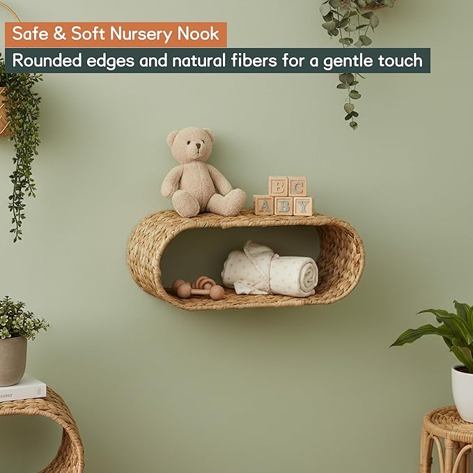 Wicker Wall Shelf,16.5'' Cute Boho Rattan Wall Mounted Shelves for Toilet Paper Storage,Plant, Book, Decorative,Natural Water Hyacinth Floating Shelves for Bathroom Decor,Nursery,Living Room