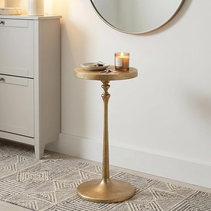 Vintage Brass Cast Iron Side Table Round Accent Table for Living Room Drink Cocktail Martini Table Bedroom Bedside Nightstand Lamp Table Patio Plant Stand Small Apartment Decorative Furniture