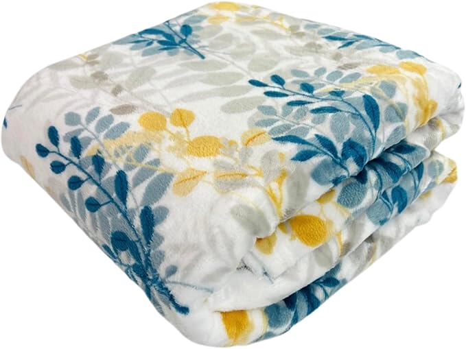 Floral Fleece Throw Blanket: Botanical Velvety Soft, Durable Accent for Bed or Couch Teal and Yellow Leaves, 50 x 70 inches