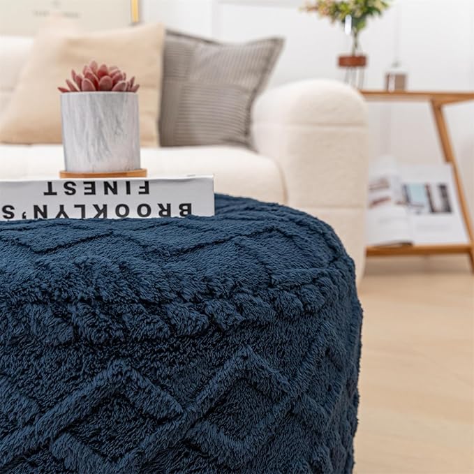 Round Pouf Ottoman Stuffed 20x12 Inches Floor Pouf Chair for Living Room Bedroom Modern Foam Pouf Ottoman Foot Rest for Couch Home Decor Pouffe Dark Blue