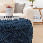 Round Pouf Ottoman Stuffed 20x12 Inches Floor Pouf Chair for Living Room Bedroom Modern Foam Pouf Ottoman Foot Rest for Couch Home Decor Pouffe Dark Blue