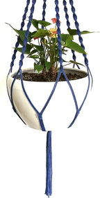 6 Legs Macrame Natural Jute and Cotton Plant Hanger & Holder and Metal Ring, 51-inches Length (Without The White Pot and Plant) (Navy Blue)