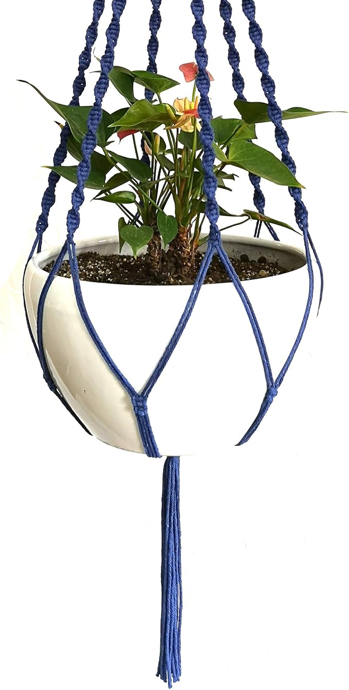6 Legs Macrame Natural Jute and Cotton Plant Hanger & Holder and Metal Ring, 51-inches Length (Without The White Pot and Plant) (Navy Blue)