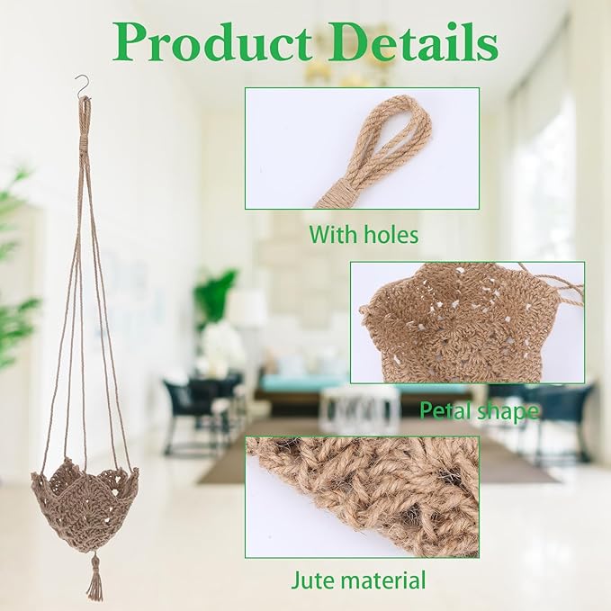 4 Pack Jute Crochet Long Plant Hanger for 3 Inch to 12 Inch Pots, Macrame Plant Hanger Macrame Plant Holder Rope with S Shaped Hooks for Indoor Outdoor Home Decor (Brown)