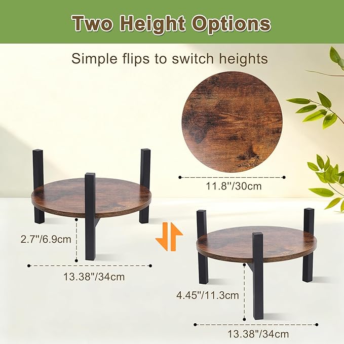 Plant Stand Indoor, Heavy Duty Sturdy Metal Wooden Plant Holder Stool, Low Short Single Flower Pot Stand Decoration Racks for Home, Patio &Garden (Dark Brown, Large (2pack))