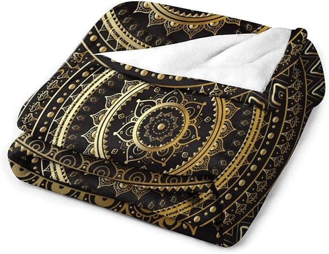 Black Gold Mandala Throw Blanket Boho Indian Hippie Vintage Abstract Bohemian Flower Blanket for Sofa Bed Couch Chair Or Dorm 60"x80"
