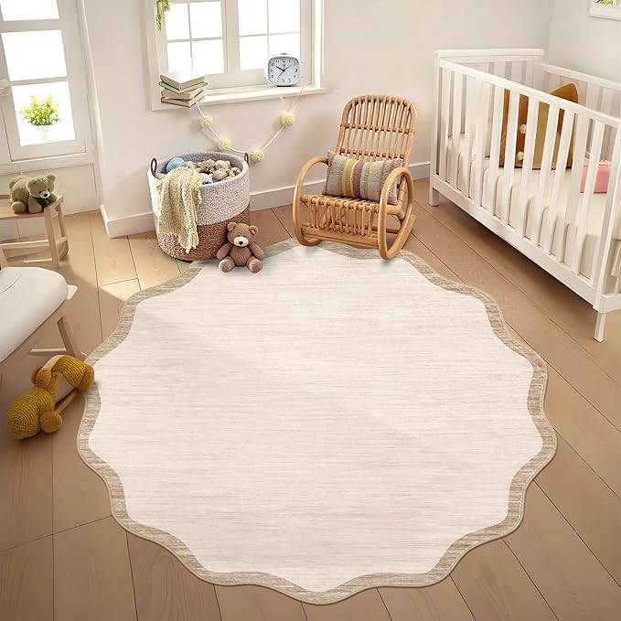 GarveeHome Scalloped Round Area Rugs 4ft, Washable Small Non-Slip, Soft Boho Ultra-Thin Circle Low Pile Stain Resistant Carpet for Bedroom Entryway Kitchen Laundry Bathroom, Beige