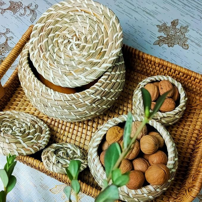 Set of 3 Seagrass Woven Round Wicker Basket Storage Bread Chip Snack Bowl - Braided Handwoven Natural Holder, weave seagrass container,Vintage Jar Bathroom Kitchen Storage