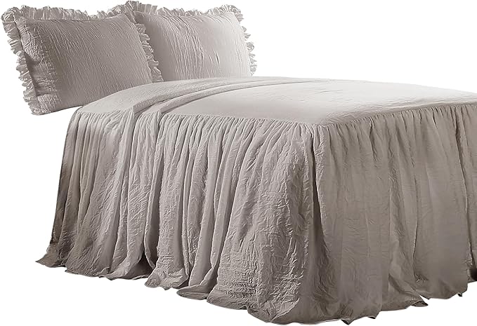 Lush Decor Ruffle Skirt Bedspread Set - 3-Piece Luxurious Farmhouse Bedding - Elegant Ruffle Detail - Timeless Style - Soft Lightweight Sheets - King, Grey