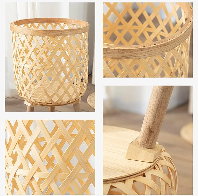 RISEON Set of 2 Handmade Mid Century Modern Planter, Rustic Indoor Rattan Basket Flower Pot Plant Stand,Large Floor Planter