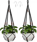 35 Inch Macrame Plant Hanger, Large for up to 15 Inch Pot Extra Long Hanging Planter Holder Basket with Wood Beads for Indoor Outdoor Home Decor (Black, 2-Pack)