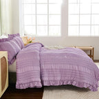 WONGS BEDDING Purple Comforter Set Queen,3 Pieces Ruffle Farmhouse Shabby Chic Comforter for Queen Bed,Soft Seersucker Textured Boho Bedding Set with 1 Ruffle Comforter,2 Tufted Pillowcases 90"×90"