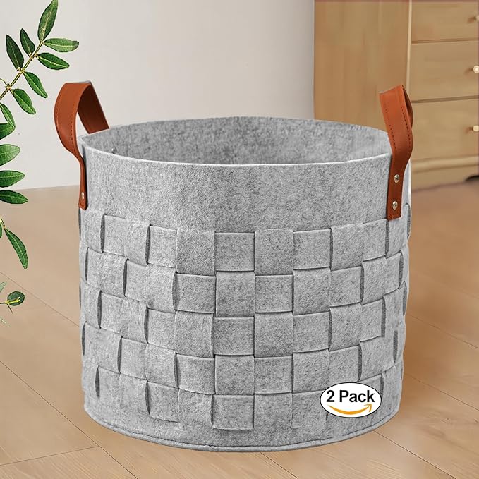 BOLDMONKEY Blankets Basket 15" x15 " x13 " 2 Pack, Storage Baskets for Organizing Round, Living Room Dog Toy Bin for Dirty Clothes, Pillows, Towel-Light Gray