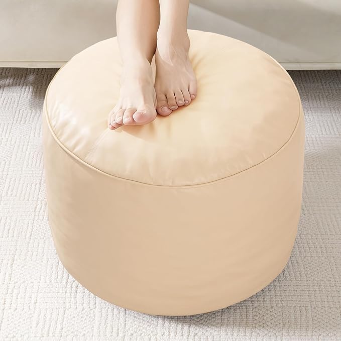 HIGOGOGO Round Stuffed Pouf Ottoman, Pu Leather Poufs with Foam Chunk Filling, Furry and Fluffy Pouf Foot Stool Storage Ottoman, 20 X 15 Floor Poufs Foot Rest for Living Room, Beige