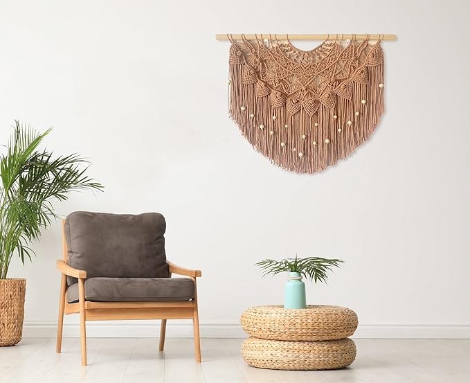 Youngeast Large Macrame Wall Hanging Boho Beaded Curtain for Window Macrame Bedroom Headboard Living Room Wall Art Tassel Tapestry Bohemian Woven Wall Decor 31" W X 25" H (Khaki)