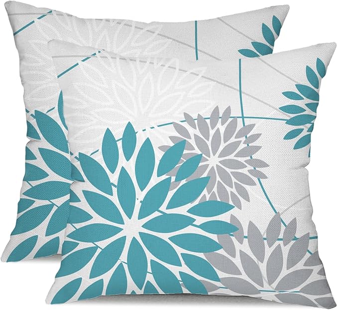 DFXSZ Blue and Grey Floral Pillow Covers 20x20 Set of 2 Outdoor Waterproof Decorative Throw Pillows Summer Pillow Covers Polyester Cushion Case Decor for Couch Patio Funiture Garden Porch 011A20